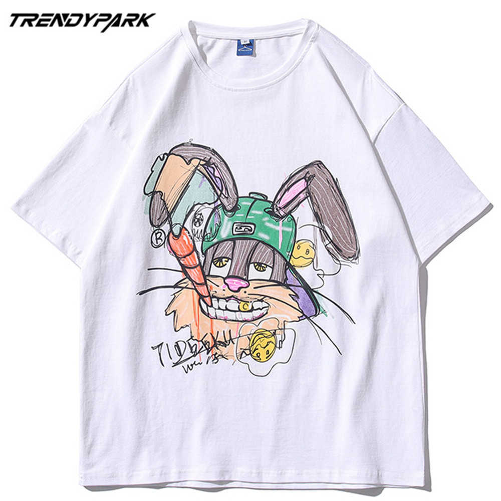 Men's Top Tshirt Summer Short Sleeve Cartoon Rabbit Printed Tee Hip Hop Oversized Cotton Casual Harajuku Streetwear T-shirts 210601