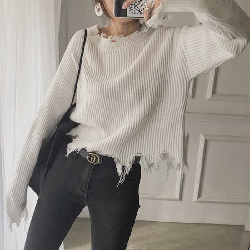 Genayooa Sweaters Women Casual O Neck Jumper Ladies Tassel Irregular Pullover Sweater Knitted Winter Korean Style 210527