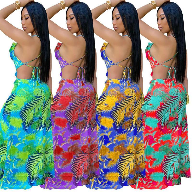Women Dress Printed Bohemian Deep V Neck Split Backless Spaghetti Strap Maxi es Sexy Long Beach es Summer 210513