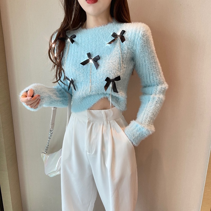 Neploe Sweater Women Casual O-Neck Long Sleeve Knitwear Korean Fashion Temperament Bowknot Sueter Bottoming Knitted Cropped 210422