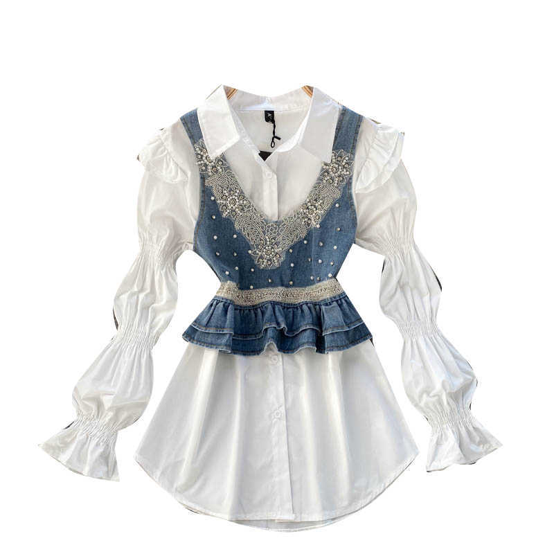 Women Fashion Spring Long Sleeve White Shirts Tops + Pearl-encrusted Diamond Vest Two-piece Sets R523 210527