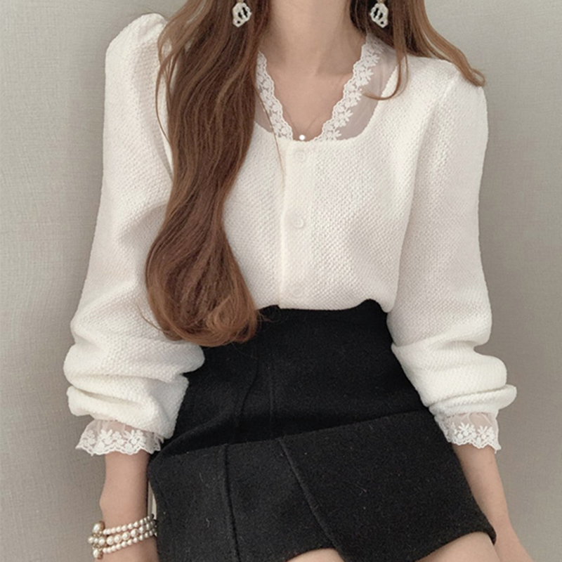 Blouse Women Korean Chic Elegant Shirts V-neck Lace Hollow Out Patchwork Blouses Loose Puff Sleeve White Tops 210519