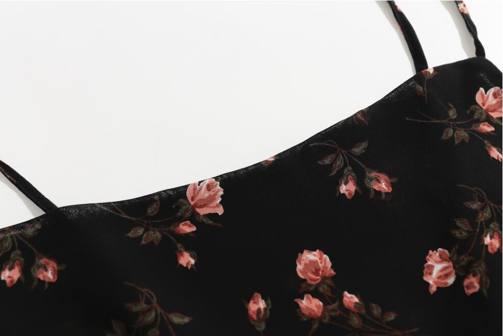 Vintage French Summer Black Floral Print Spaghetti Strap Midi Dress Retro Sexy Women Adjust Sling Slit Dresses Vestido 210429