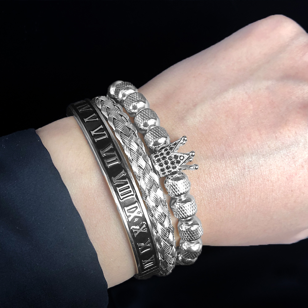 3pcs Luxury Roman Royal Crown Charm Bracelet Men Stainless Steel Geometry Pulseiras Men Open Adjustable Bracelets Couple Jewelry