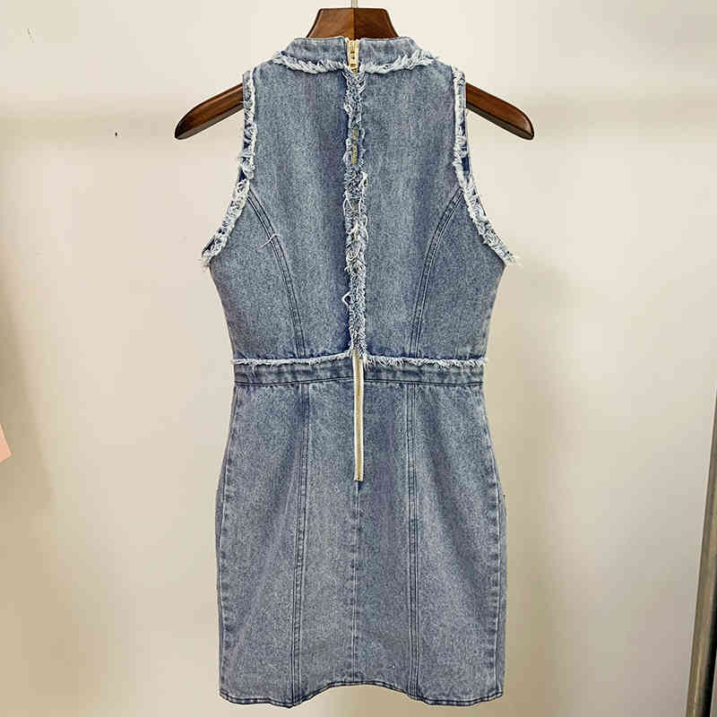 HIGH STREET est Summer Dress Women's Sleeveless Tassel Fringed Lion Buttons Denim 210521