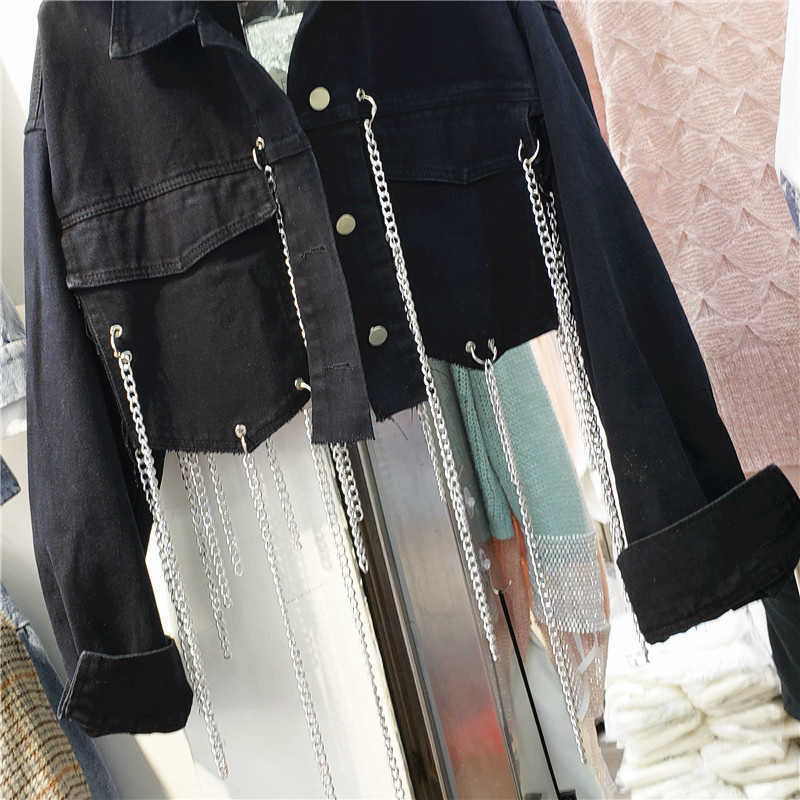 DEAT Women Personality Chain Streetwear Denim Coat Long Sleeve Fashion temperament Spring autumn 11D1999 210709