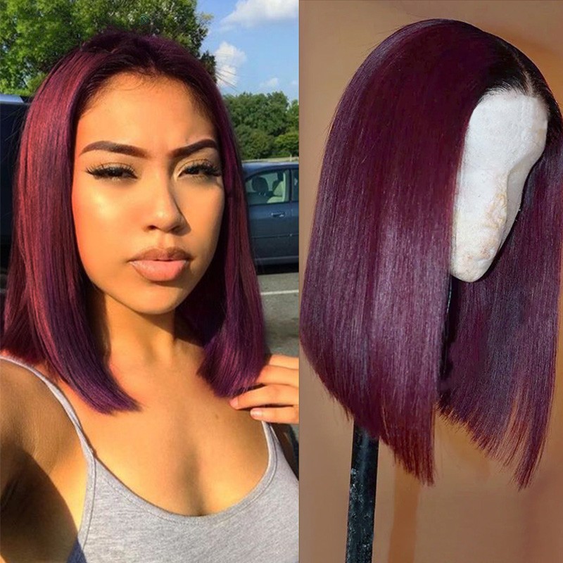 Side Part Burgundy Color Short Bob Straight 13X1 Lace Closure Wigs With PrePlucked Baby Hair Synthetic Wig For Women 180%