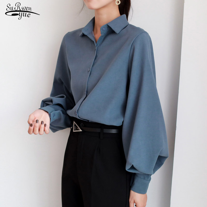 Fashion Lantern Sleeve Solid Women Blouse Tops Casual Cardigan Elegant Shirts Female Clothes Blusas Mujer 8026 50 210508