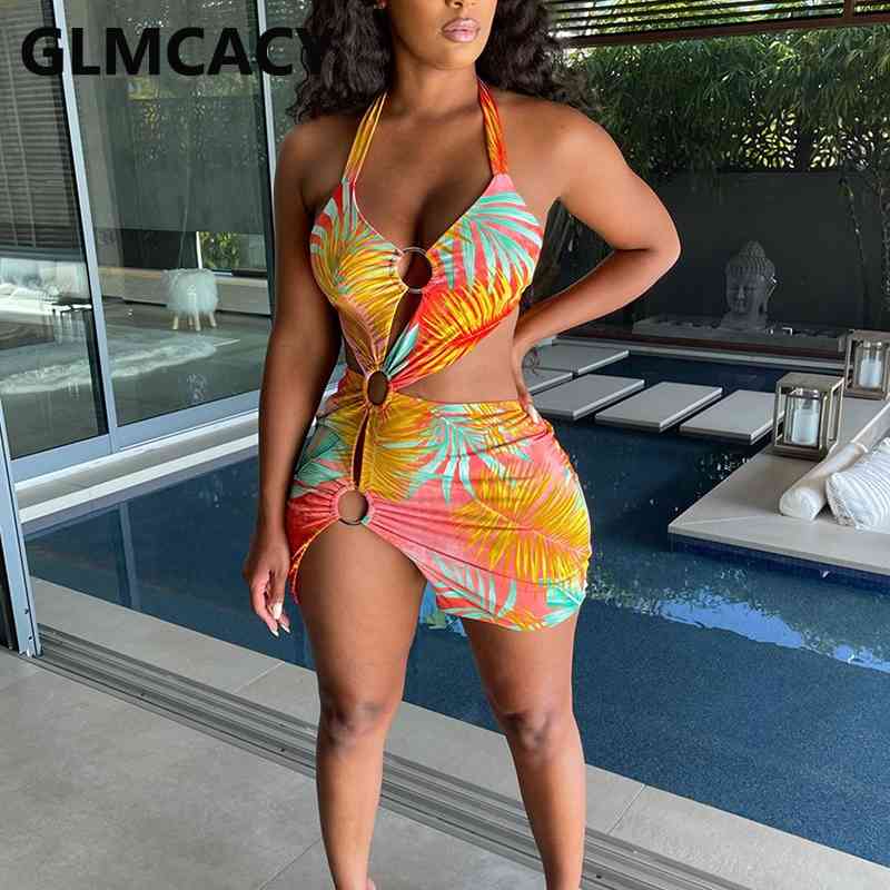 Halter Cut Out Summer Mini Dress Sexy Bodycon Beachwear 210702