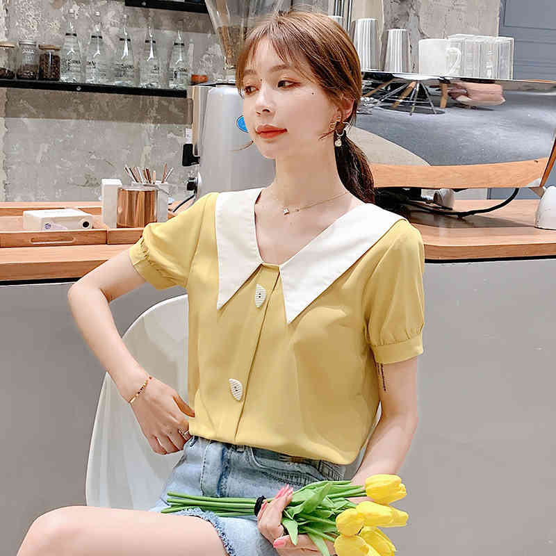 Casual Chiffon Blouses Korean Summer Women Tops Short Sleeve Shirts Solid Back Blow V-neck s Clothing bluasa 9094 210506