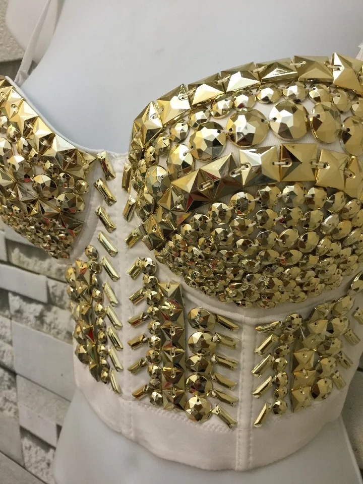 Sexy Sequined Top Rave Festival Glitter Bustier Golden Tank Party Night Club Handmade Vest Beading Bra 210421