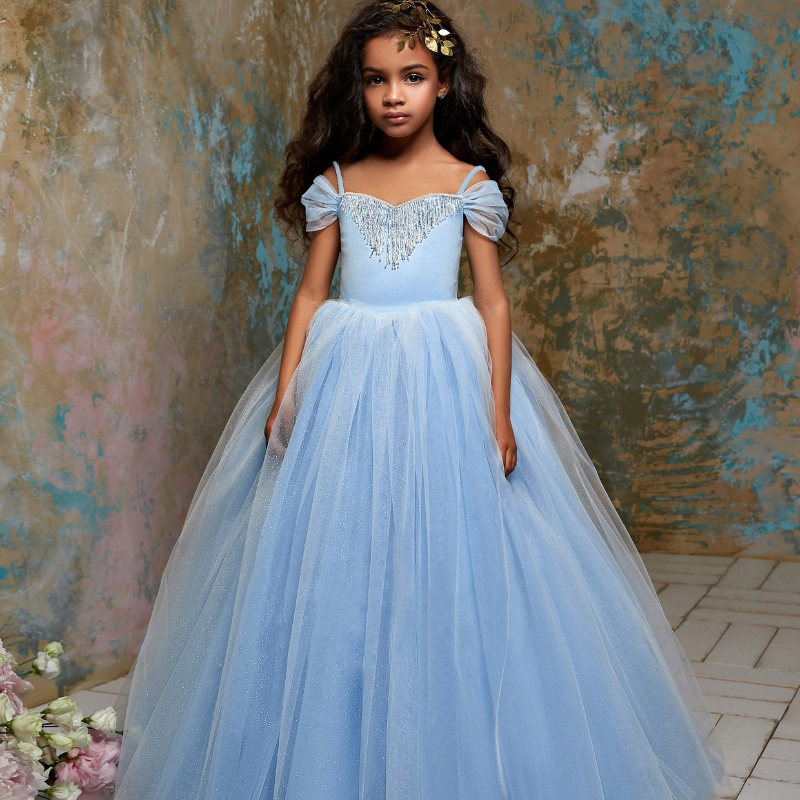 Long Princess Cinderella Flower Girl Dresses Off-The-Shoulder Floor Length Ball Gown Blue Kids Pageant Gowns Newest Design Custom Made Dress 403