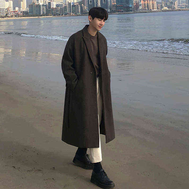 IEFB Men's Autumn Winter Thickened Woolen Coat Men's Medium Long Over The Knee Korean Single Button Overcoat With Belt 9Y5235 211122