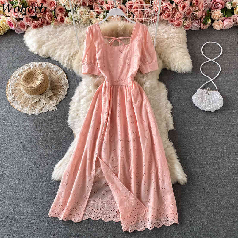 Summer Vestidos Mujer Chic Hollow Out Crochet Floral Vintage Dress Square Collar Puff Sleeve Split Maxi Dresses Women 210519