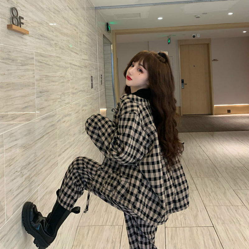 Two Sets Chinese Style Literary Vintage Loose Frog Buckle Plaid Brushed Thickened Set Casual Street Autumn Warm Suits 210510