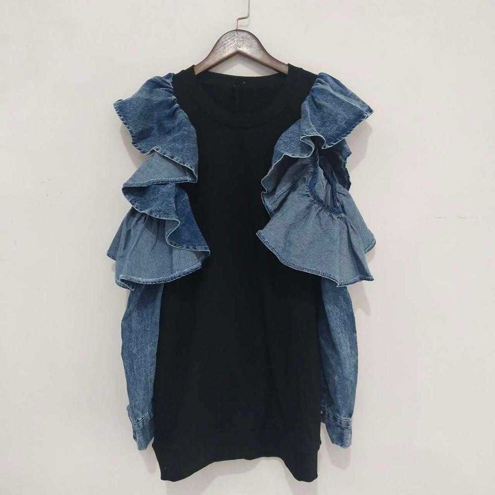 [EWQ] Autumn Ladies Pullovers Tops Fashion Stitching Denim Hollow Out Shoulder Ruffled Sleeve Sweatshirt Women 16Q411 210729