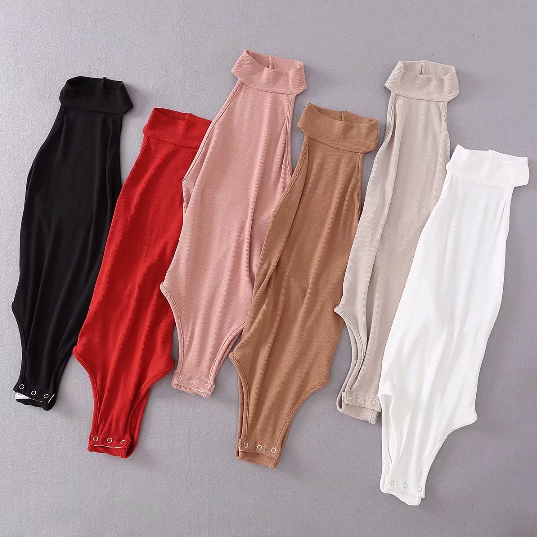 sexy turtleneck bodysuit women white black sleeveless backless halter rib body suits for streetwear Summer 210521