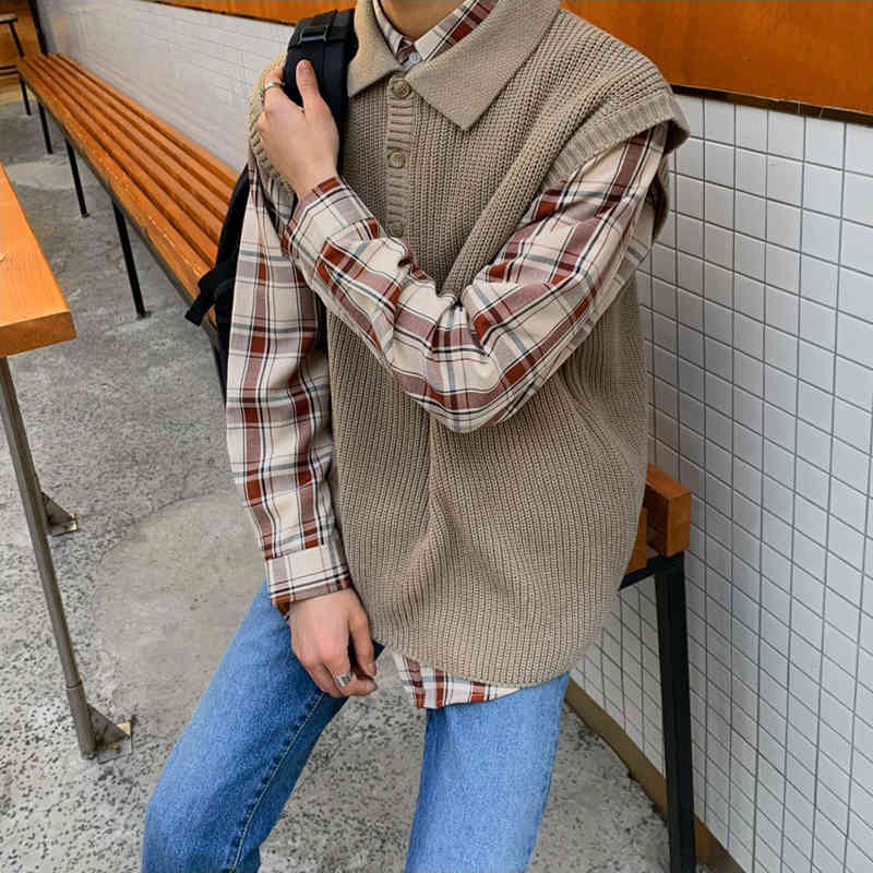 IEFB Men's Kint Waistcoat Handsome Trend Korean Fashion Sleeveless Polo Collar Vest Personality Knitted Tops 9Y5737 210524