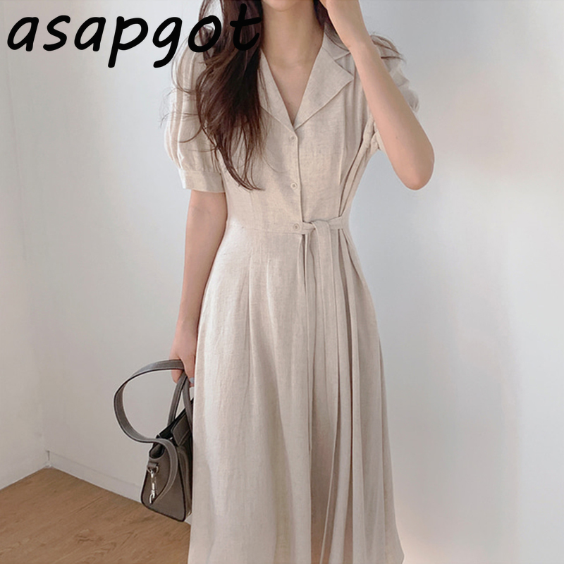 Minimalist Elegant Temperament Chic Korean Slim Lapel Three Button Side Bandage Waist Dress Lady Puff Short Sleeve Solid Summer 210429