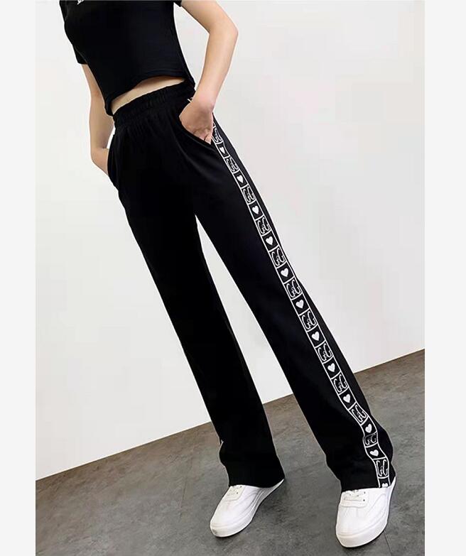 Women's pants designer, European and American fashion high waist straight tube sports pants, loose leisure, Black;white