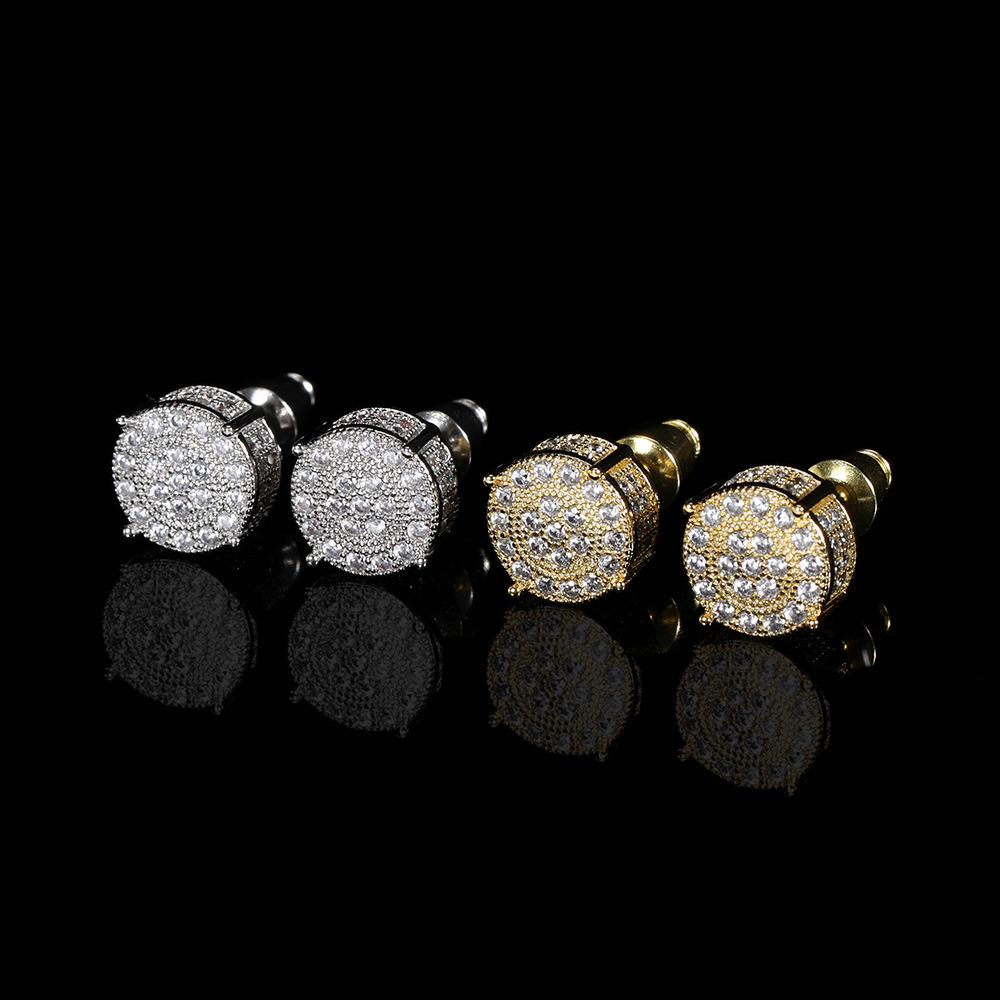 Hip Hop Round Stud Earring Bling 18K Real Gold Plated Prevent Allergy Earrings for Men Women Gift