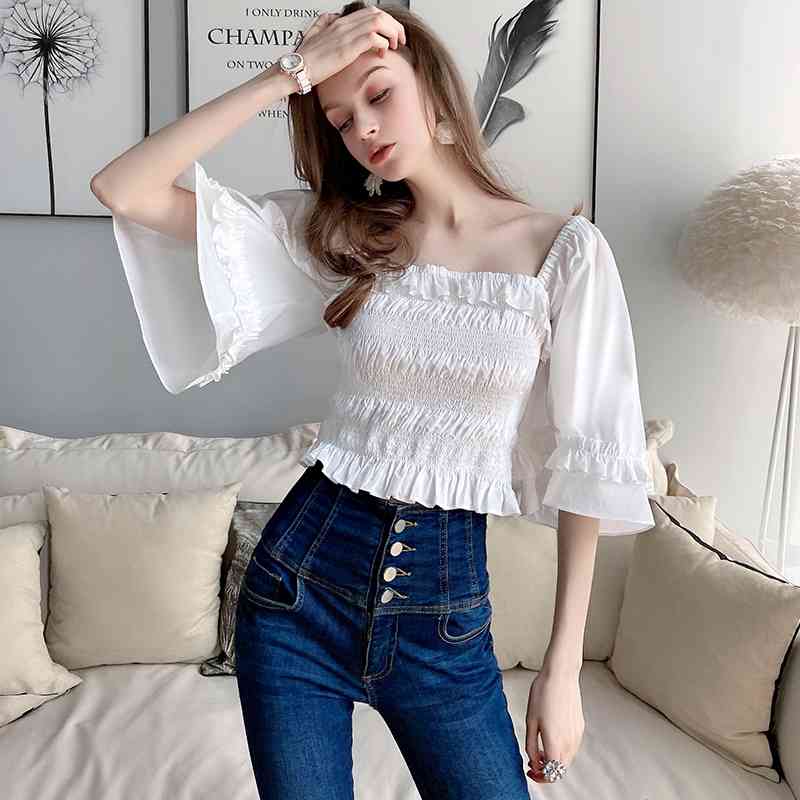 Dabuwawa Vintage Sexy White Flare Sleeve Frilled Blouse Women Square Neck Slim Fit Elegant Blouses Office Lady DT1BST026 210520