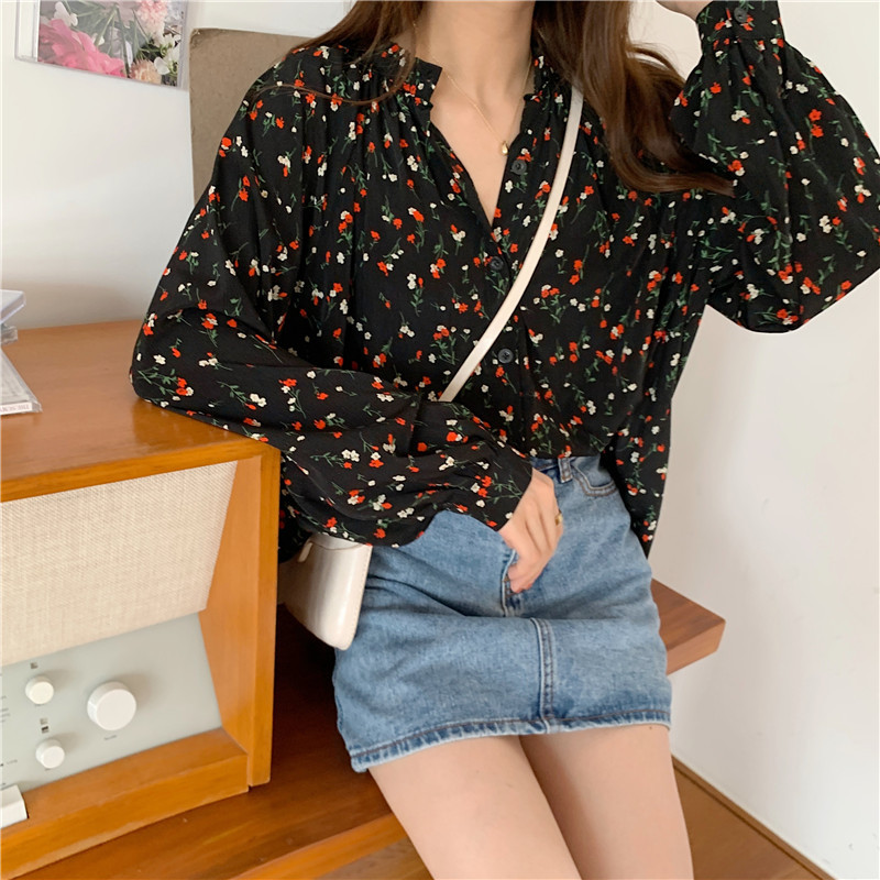 Floral Print Chiffon Blouse Women Puff Sleeve Autumn Casual Loose Tops Cardigan Ladies Clothes Blusas 10316 210518