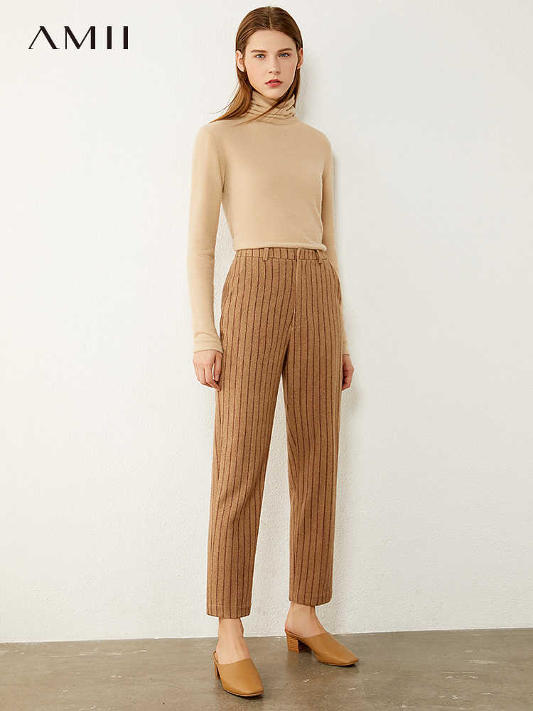 Minimalism Autumn Winter Woolen Women's Pants Fashion Stripe High Waist Straight Ankel-length Female Trousers 12070500 210527