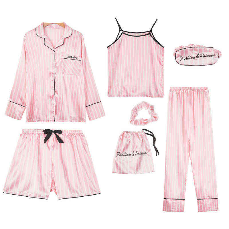 Pink Women's 7 Pieces Pajamas Sets Faux Silk Striped Pyjama Women Sleepwear Sets Spring Summer Autumn Homewear 211109