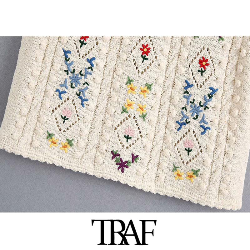 Women Fashion Floral Embroidery Cropped Knitted Sweater Vintage O Neck Short Sleeve Female Pullovers Chic Tops 210507