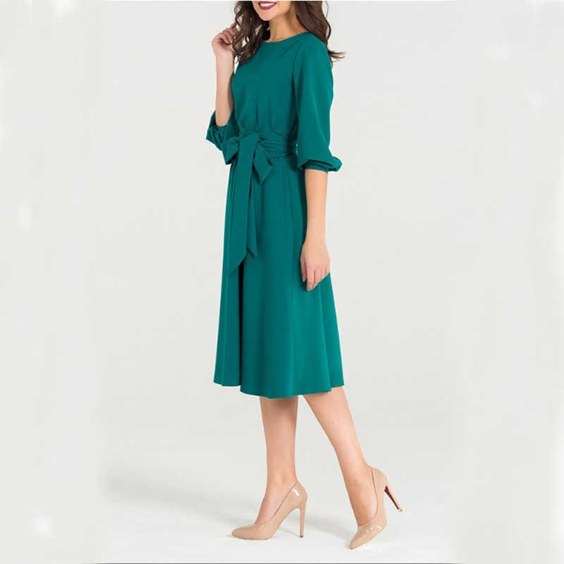 QRWR Summer Autumn Women Dress Solid Color High Waist A Line Ladies Midi Dresses Casual Puff Sleeve Vintage Dress Women 210630