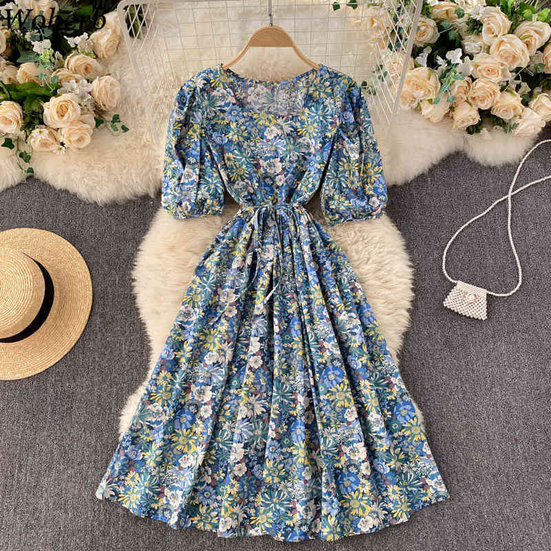 Summer Floral Print Square Collar Women Midi Dress Elegant Short Sleeve Lace-up Slim Waist Ladies A-line Vestidos 210519