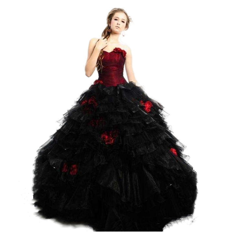 2022 Vintage Gothic Black And Red Wedding Dress Ruffle Tiered Skirt With Hand Made Flowers Sweetheart Strapless Bridal Dresses Ball Gown Long Wedding 