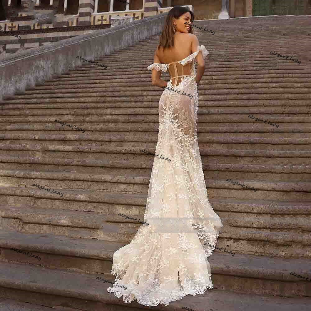 Off Shoulder Mermaid Wedding Dresses 2021 Princess 3D Floral Lace Champagne Nude Lining Trumpet Garden Country Bridal Dress