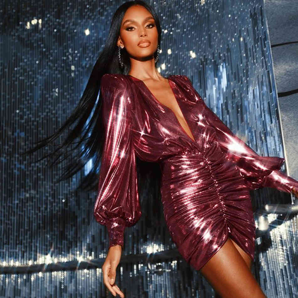 Free Women's Purple Dress Sexy V-neck Lantern Long Sleeve Bodycon Draped Club Night Party Mini Vestidos 210524