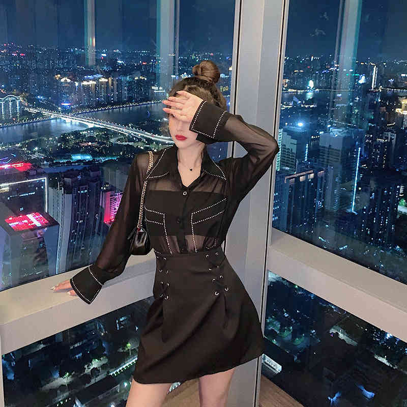 Summer Sexy Women Office OL Black Perspective Top Fashion Long Sleeve Casual Chiffon Shirt Blusas Mujer 210519