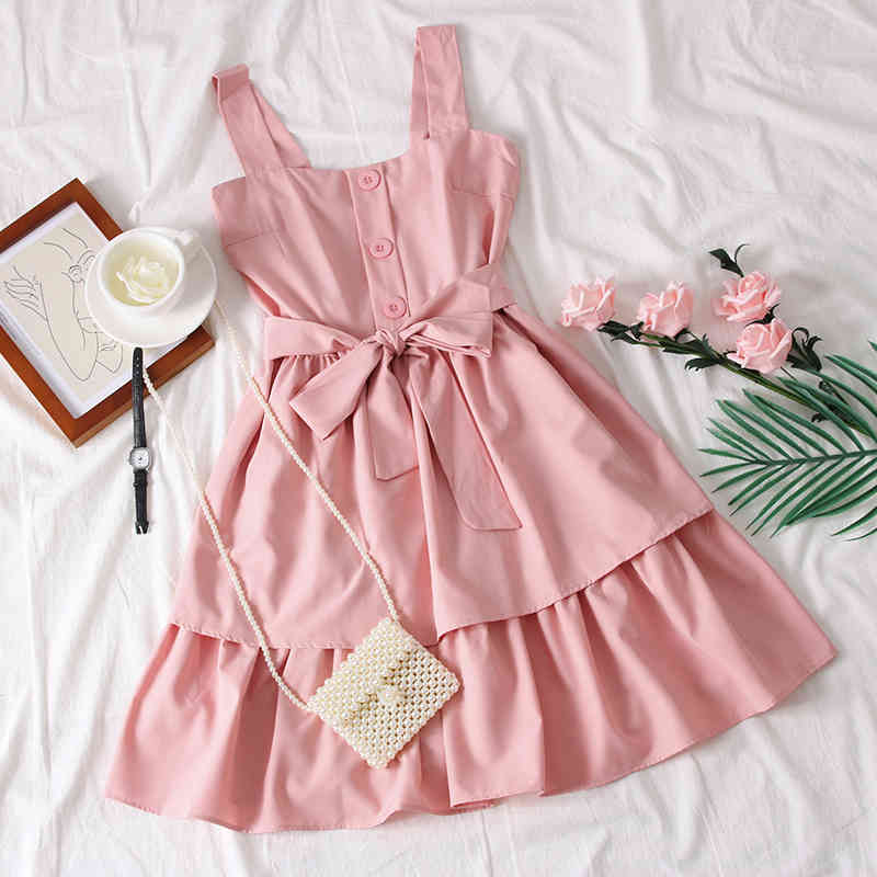 Solid Bow Bandage Sweet Student Women Dress Casual Spring Summer Dresses A-line High Waist Vestidos 210521