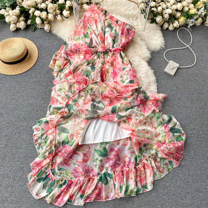 DEAT Women Printing Ruffles Dress Diagonal Collar Sleeveless Arrivals Lady Sexy Fashion Spring Summer 11D1716 210709