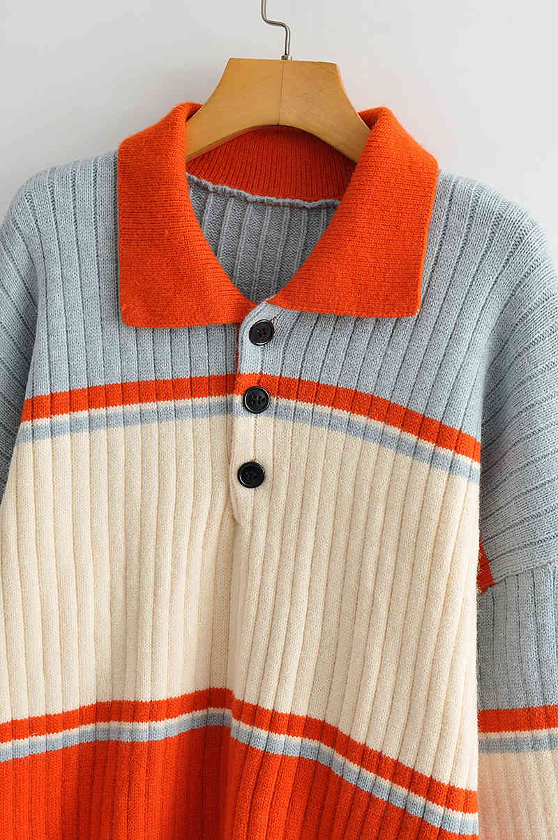 autumn winter chic Vintage Polo collar knitted cardigan women pullover loose shoulder sleeve striped sweater jacket top 210508