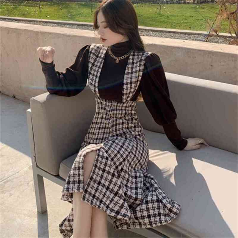 Women Tweed Plaid Mermaid Dress Two Piece Set Autumn Knitted Turtlneck T-Shirt Top And Single-Breasted Vest Midi Suit 210519, Photo color
Women Tweed Plaid Mermaid Dress Two Piece Set Autumn Knitted Turtlneck T-Shirt Top And Single-Breasted Vest Midi Suit 210519, Photo color