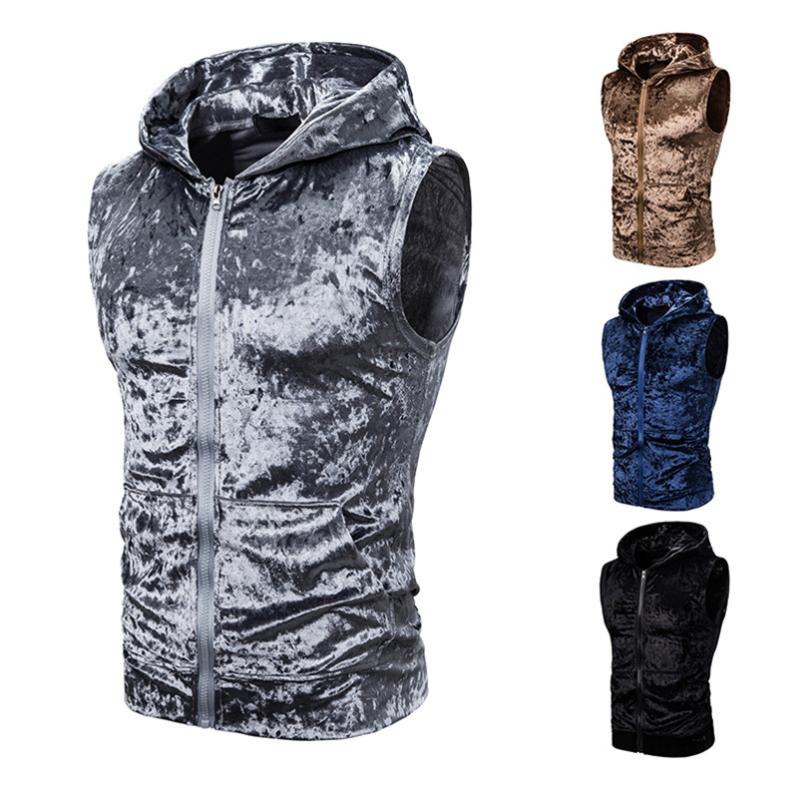 Vest Men Bright Velvet Hooded Zipper Pocket Sweatshirt Vests Jacket Fashion Casual Wild Coat Spring 2021 Men's Jackets