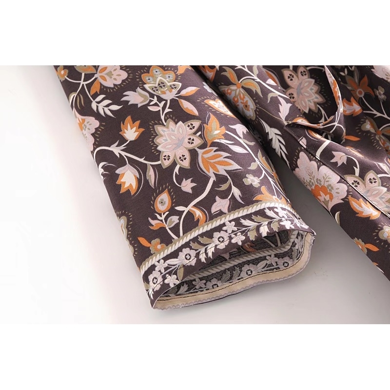 Women Bohemia V neck Location Pteris Flower Print Kimono Shirt BOHO Holiday Beach Long sleeve Cardigan Blouse Tops 210429