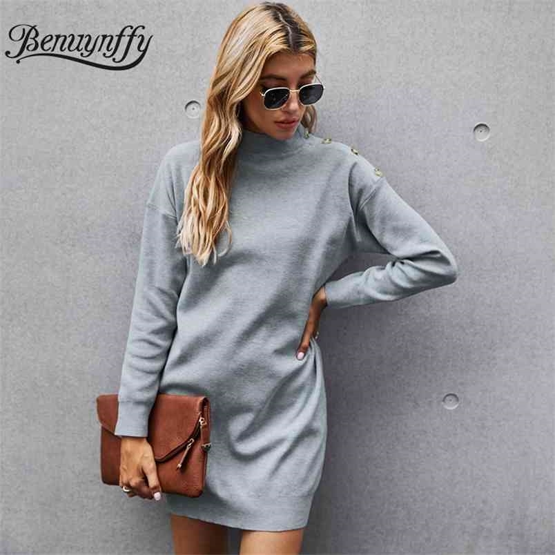 Drop Shoulder Button Gray Knitted Sweater Dresses Women Turtleneck Long Sleeve Casual Ladies Winter Mini Dress 210510