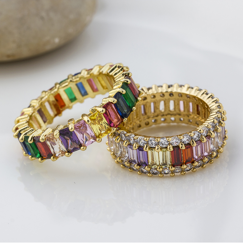 Thin Baguette Rainbow CZ Gold Ring For Women Fashion Engagement Wedding Band Top Quality Charm Jewelry