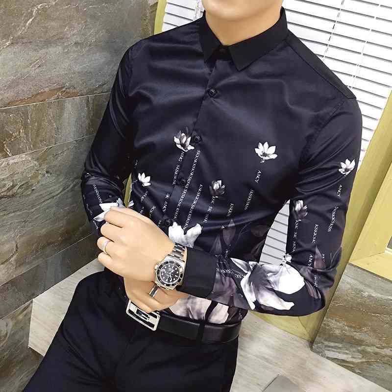 Autumn Fashion Flower black Printed Long Sleeve Shirts Men Camisa Social Male Slim Casual Shirts Men Camisas Masculina 210527