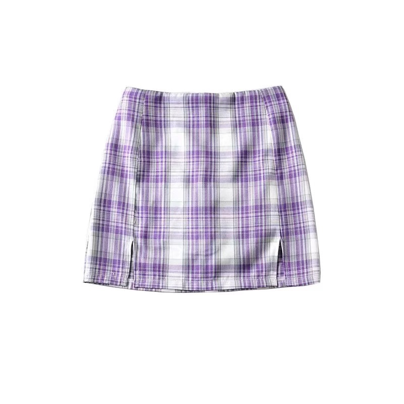 Summer Women Front Split Plaid Mini Skirt with Under Shorts Vintage Double Slit Package Hips Gingham Short Skirts 210429
