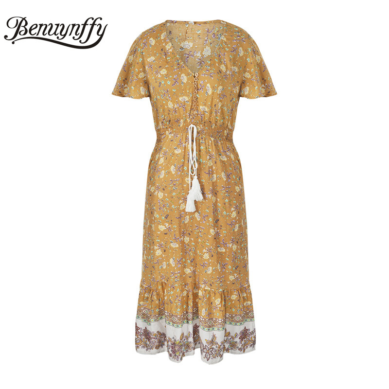 V-neck Short Sleeve Button Detail Bohemian Dresses Women Summer Vacation Casual Tassel Tie Waist Print Long Dress 210510