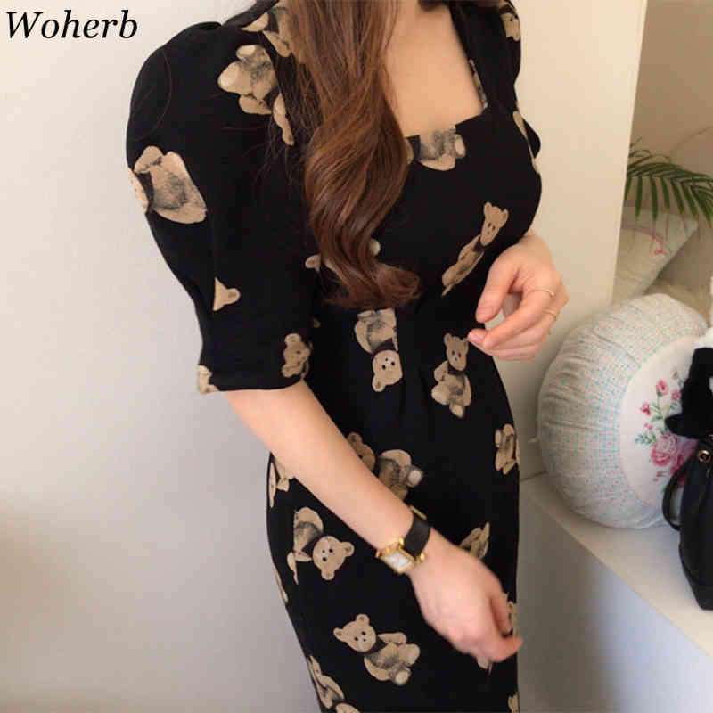 Chic Elegant Maxi Dress Woman Square Collar Print Cartoon Bear Vestidos Sweet Puff Sleeve Lace Up Slim Dresses Women 210519