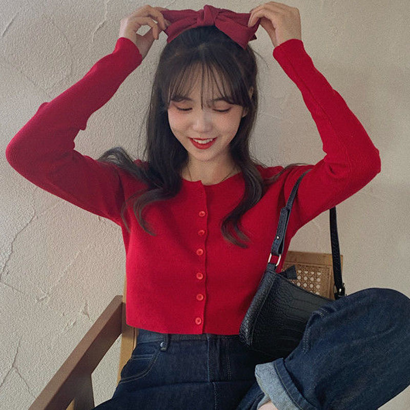 Korean High-waisted Single-breasted Button-up Long Sleeve Women's Top Spring Knitted Cardigan Slim Short Coat 12820 210427