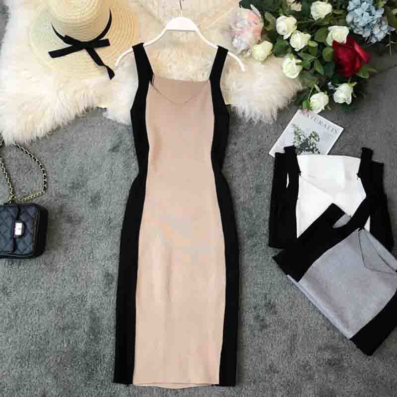 Women Bodycon Dress Korean Fashion Summer Sleeveless Sexy Spaghetti Strap Dresses Ladies Vintage Knitted Dress Robe Femme 210521